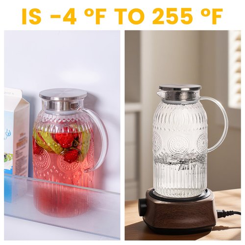 Bandesun Glass Pitcher with Lid, 68 oz/ 2 Liter 2Pack Vintage Water Pitcher,Glass Water Carafe for Cold Brew, Coffee, Lemonade, Iced Tea,Beverage, Heat Resistant Jug