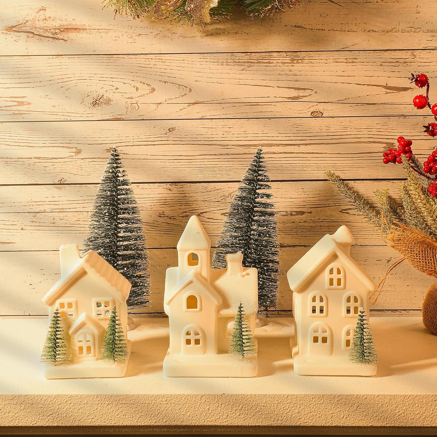 Skiennix Christmas Village Set - 5PCS LED Lighted Ceramic Houses & Decorative Trees | Home Decor