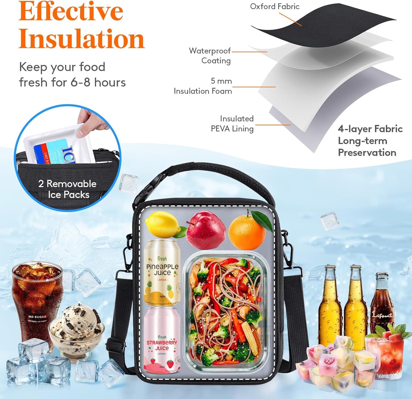 Lifewit Insulated Lunch Box - Expandable Cooler Bag with Ice Packs & Shoulder Straps | 8.2L Black