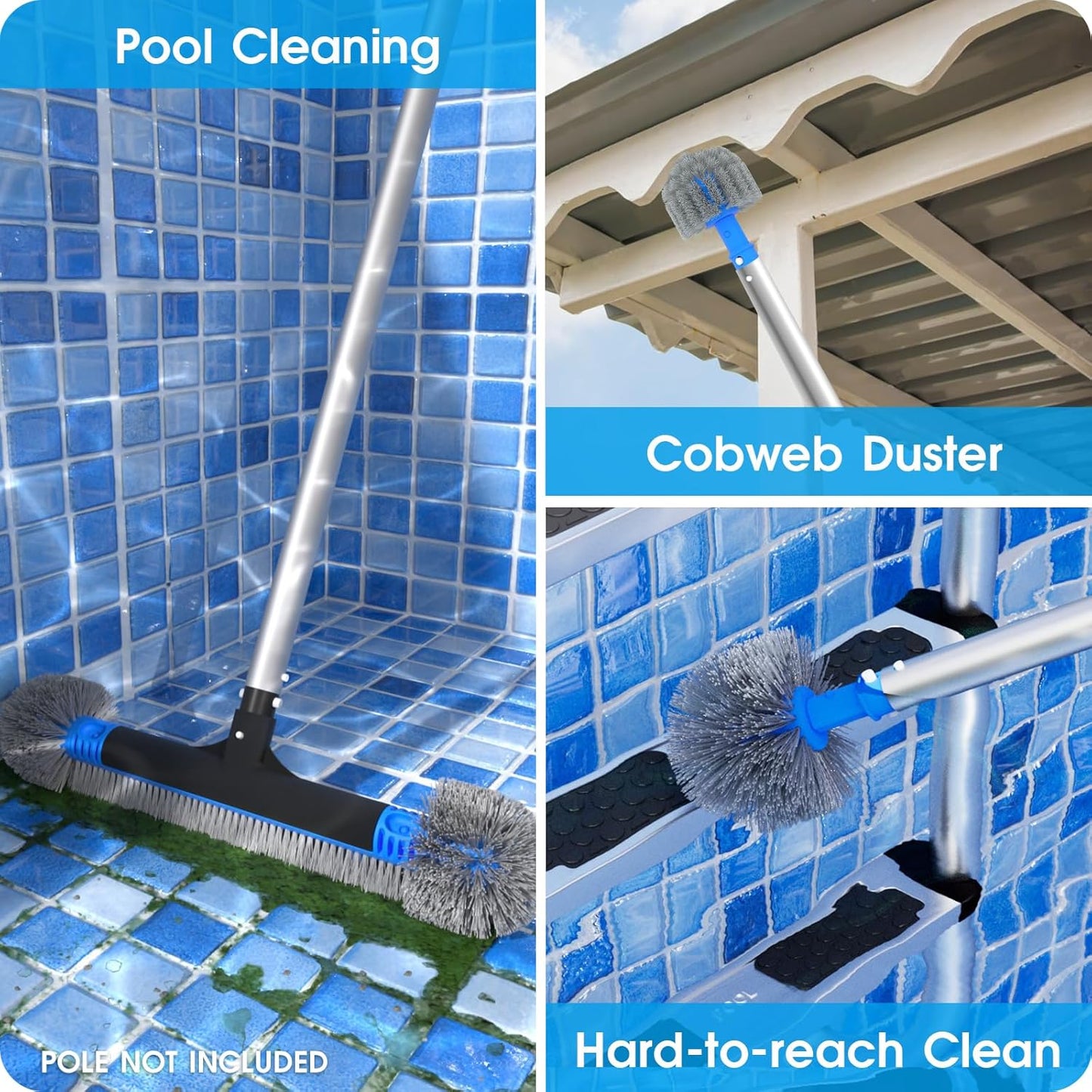 TidyMister 20'' 2-in-1 Pool Brush Head - Heavy-Duty Cobweb Duster with EZ Clip & Nylon Bristles for Inground & Above-Ground Pools