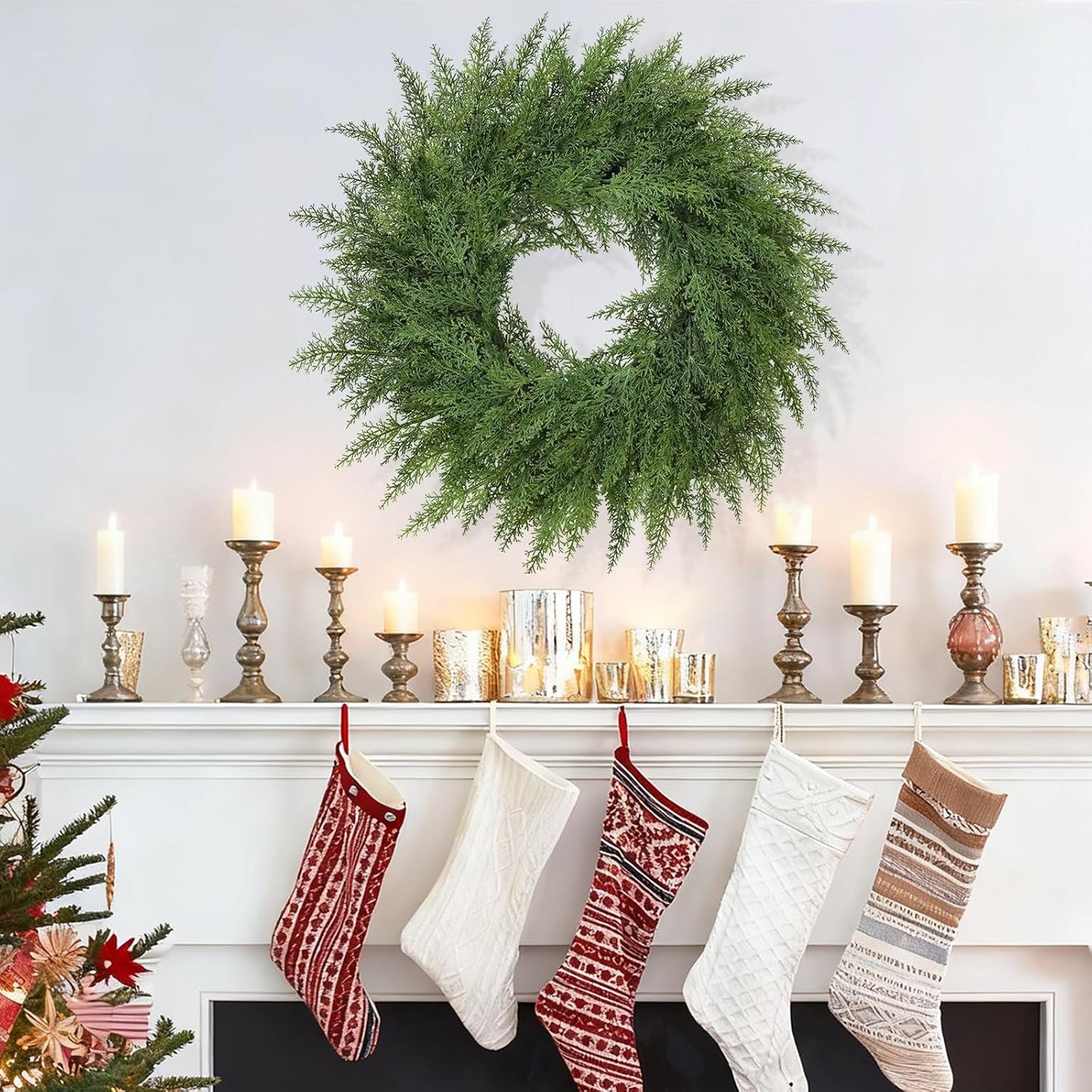Lush Christmas Wreath - 24-Inch Real Touch Faux Cedar for Indoor/Outdoor Holiday Decor