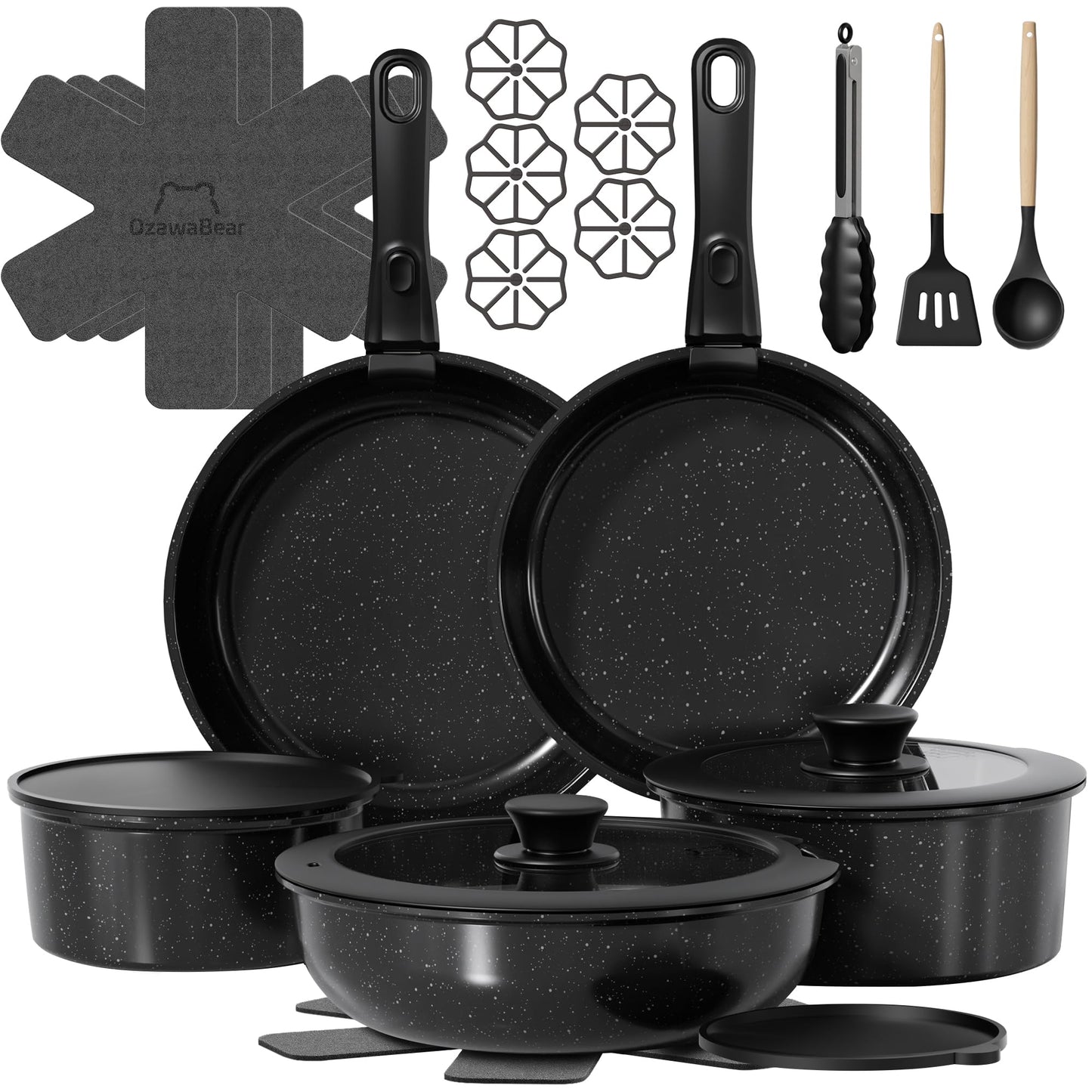 OzawaBear 23 Pcs Pots and Pans Set Non Stick, Ceramic Cookware Set Non Toxic with Detachable Handles, Healthy Induction Cookware Oven Safe RV Kitchen Set, PFAS PFOA & PTFE Free, Black