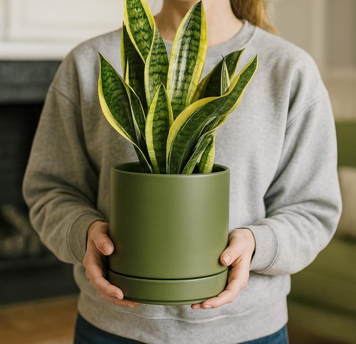 D'vine Dev Ceramic Planter Pot - 6.5 Inch Indoor Cylinder with Drainage Hole & Saucer | Olive Color