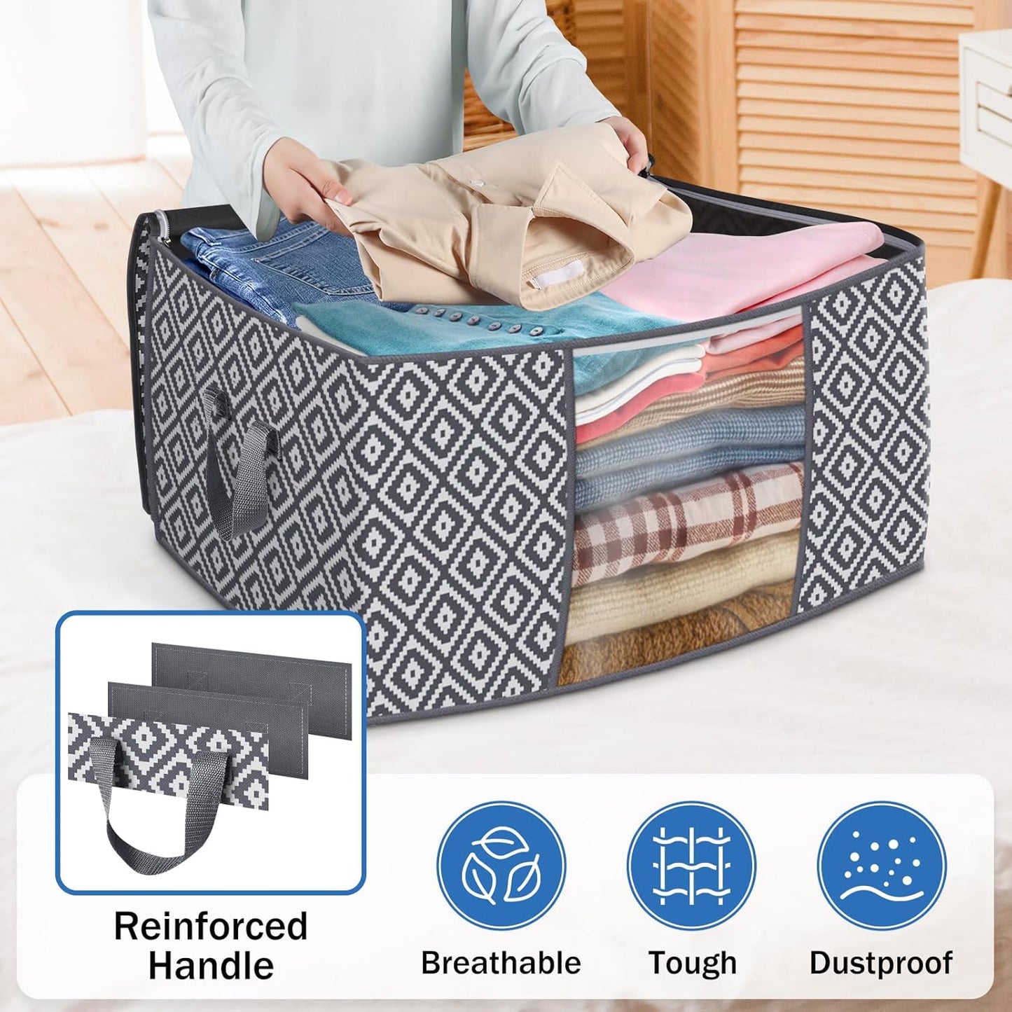 StorageTastic 100L Storage Containers - Large Foldable Bins with Clear Window & Reinforced Handle | Grey, 3 Pack