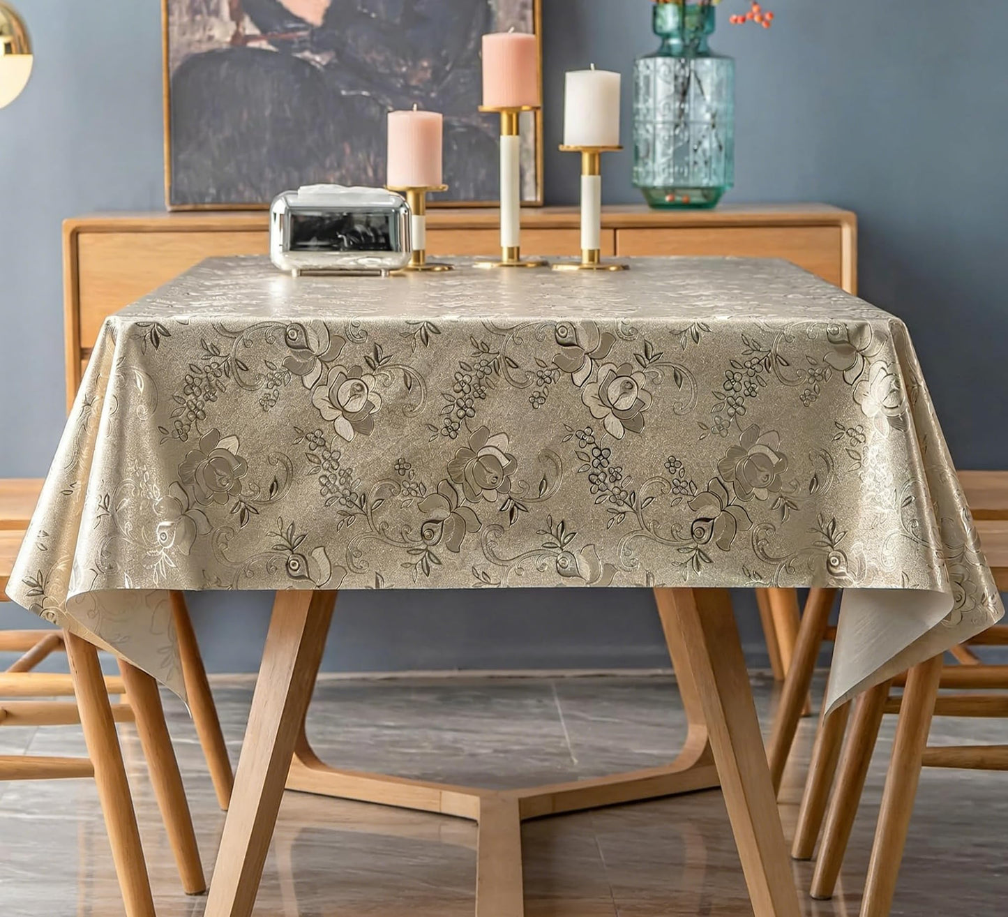 FAVE Gold Tablecloth Waterproof PVC Table Cover Wipeable Easy Clean for Kitchen Dining Table, Golden Rose Pattern 55x78 Inches for Wedding Banquet Birthday Party Restaurant Decors