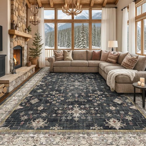 Boho Black Rug - Washable 10x14 Area Rug | Soft Low Pile Carpet for Living Room & Dining Room - Non-Slip, Stain Resistant