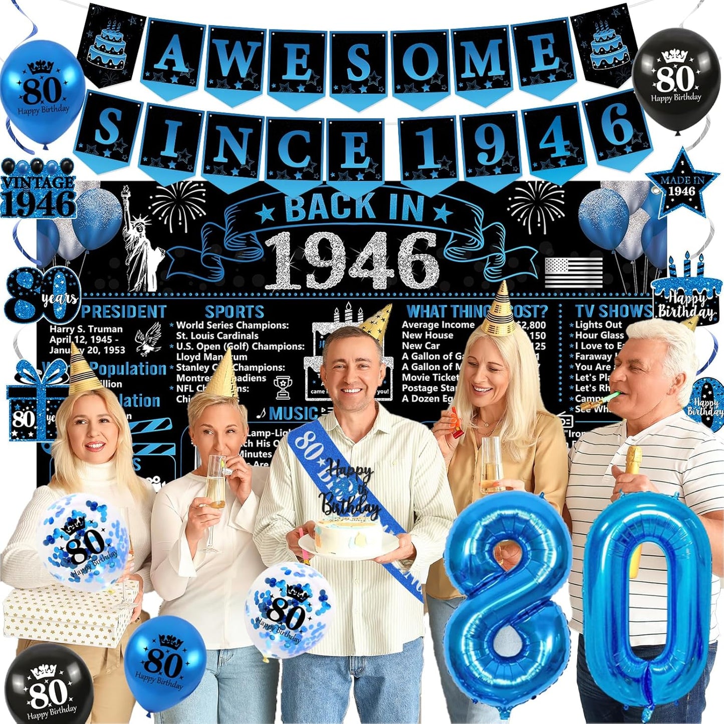 Trgowaul 80th Birthday Decorations - 20PCS Black and Blue Party Supplies Set with Banner, Sash, Cake Topper & Balloons