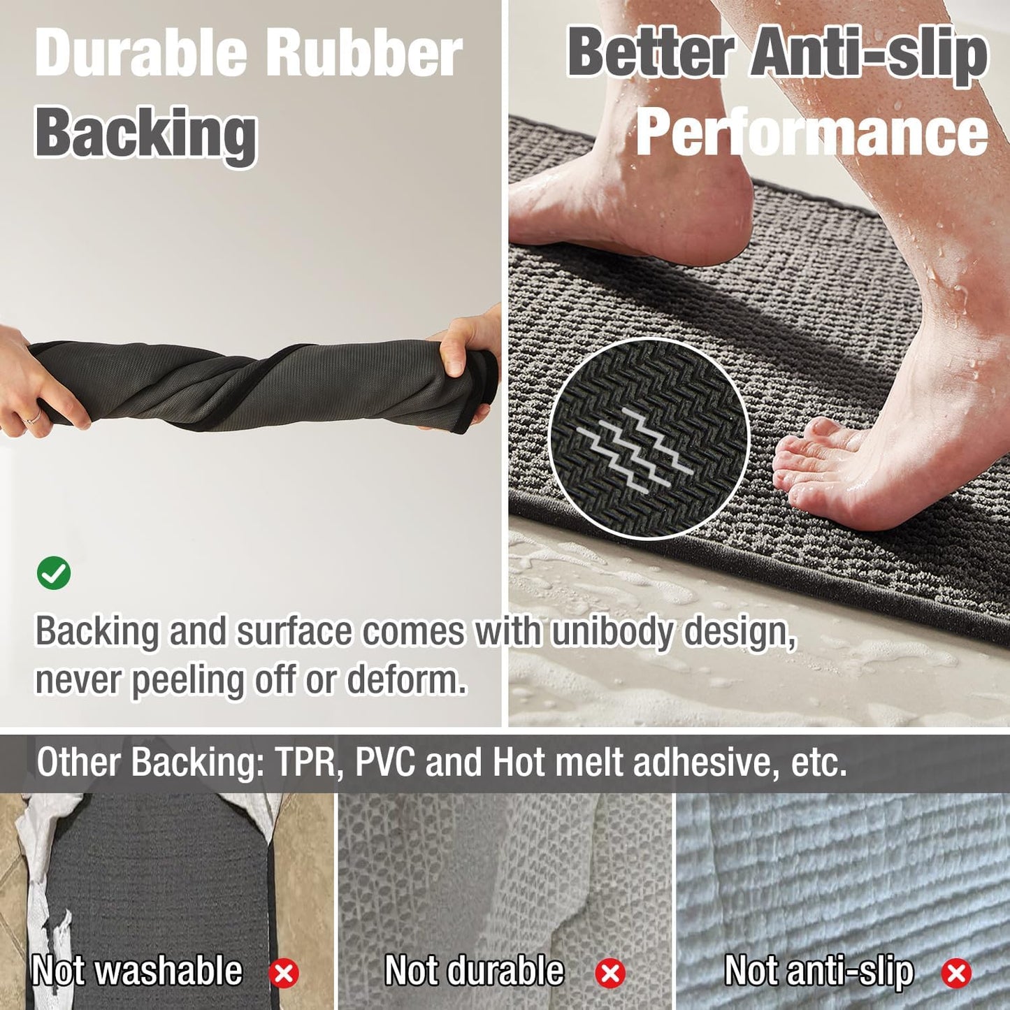 TYUU Bathroom Rug - Non-Slip, Super Absorbent Quick-Dry Mat | Dark Grey, 16"x24" Size