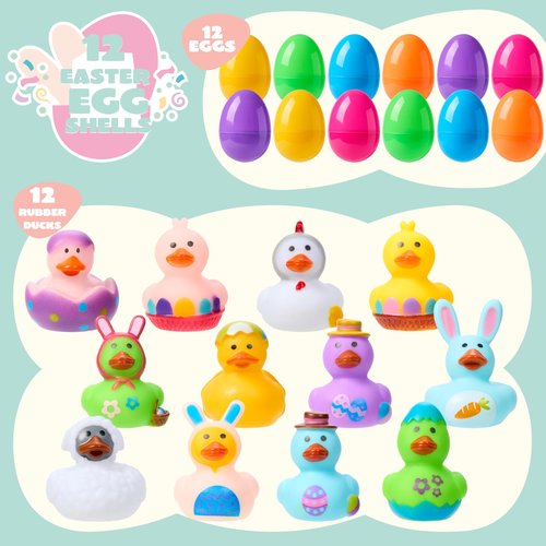 JOYIN 12 Pcs Prefilled Easter Eggs with Rubber Ducks Bath Toys, Basket Stuffers for Toddlers & Babies, Kids Party Favors, Easter Egg Hunt, Classroom Prizes for Kids