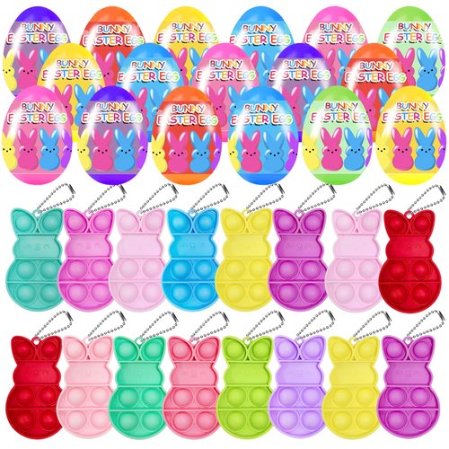 24 PCS Prefilled Easter Eggs with Bunny Pop Bubble Fidget Keychains Toy Inside for Kids Boys Girls Easter Basket Stuffers Party Favors Easter Egg Fillers Hunt