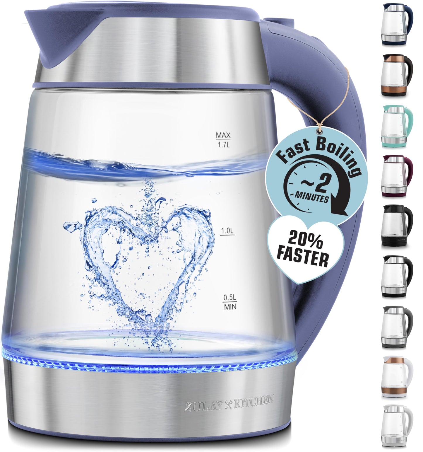 Zulay Kitchen Fast Boiling Electric Water Kettle - 1.7L, 1500W, Auto Shut-Off for Overboil & Boil Dry Protection, Cool-Touch Handle, 360° Base - Rapid Teapot Boiler For Coffee & Tea - Blue