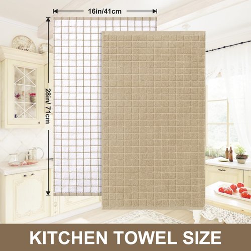 Homaxy Premium Cotton Kitchen Towels 16"x 28", Large Natural Ring Spun 390 GSM Dish Towels, Super Absorbent Terry Kitchen Hand Towels, Soft Tea Towels with Hanging Loop, Tan Check Design, 6 Pack