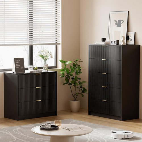 Furniway Black Dresser - Modern 5-Drawer Chest with Smooth Slides & Golden Handles | 15.7" D x 31.5" W x 47.2" H