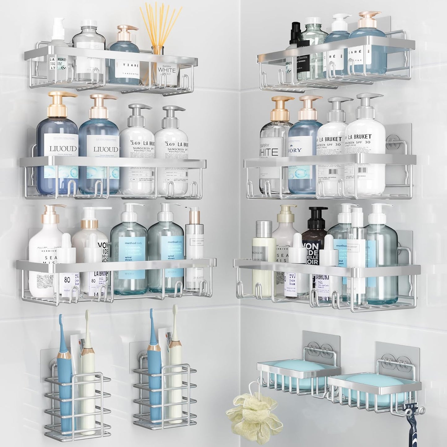 Liuoud Shower Caddy Organizer - Rustproof Stainless Steel Wall Storage Basket Set | 10 Pack, Silver