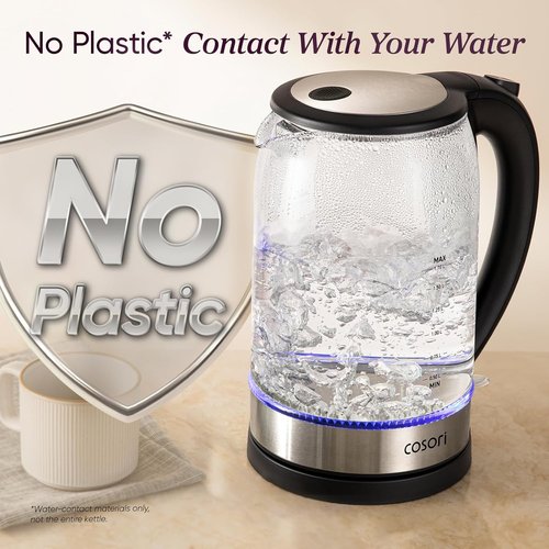 Cosori Electric Kettle - 1.7L Borosilicate Glass Tea Kettle | No Plastic Contact & Auto Shut Off, Black