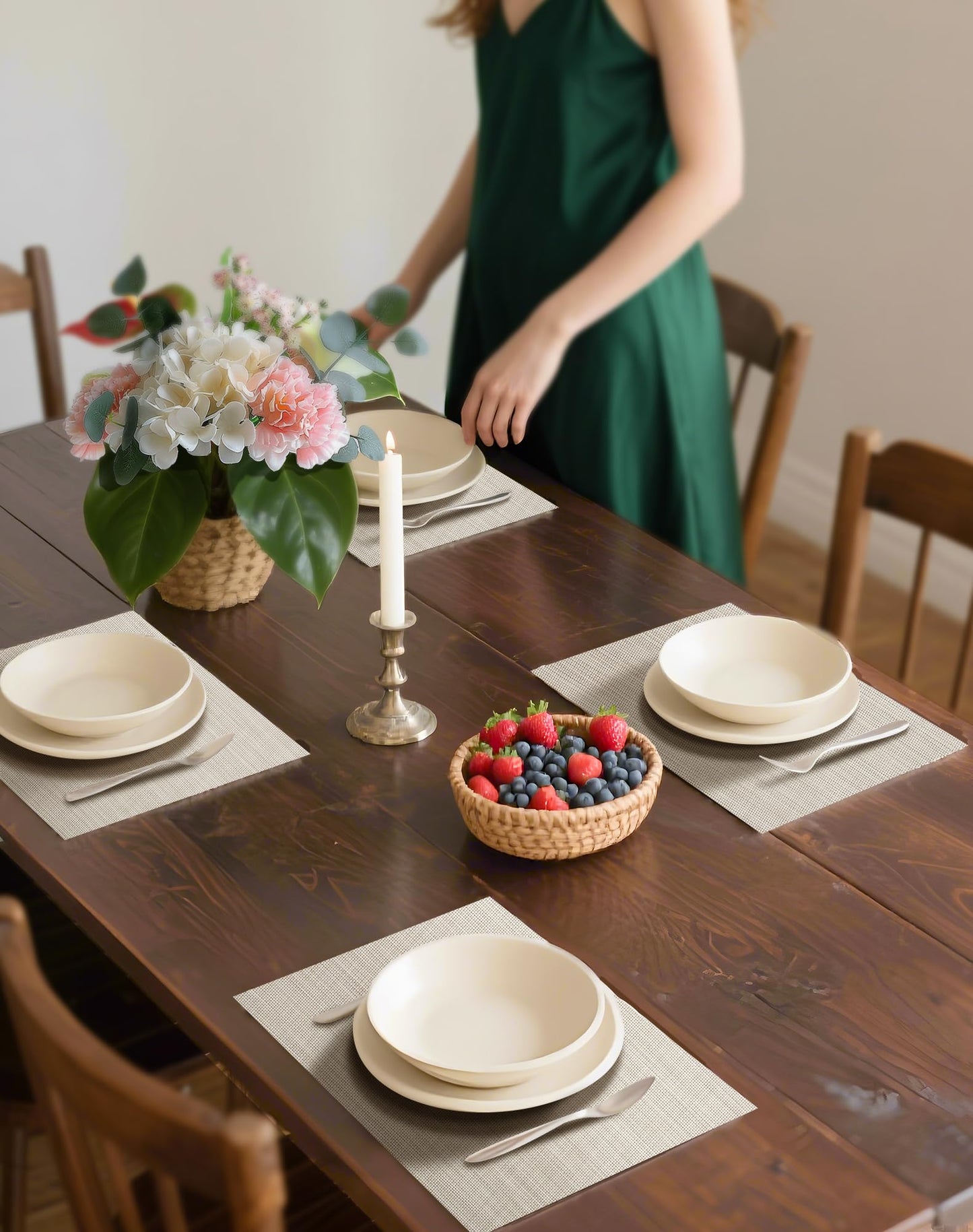Leetaltree Beige Placemats Set of 24 - Heat Resistant Non-Slip Place mats for Dining Table, Washable Durable PVC Vinyl Woven Table Mats(Beige, 24)