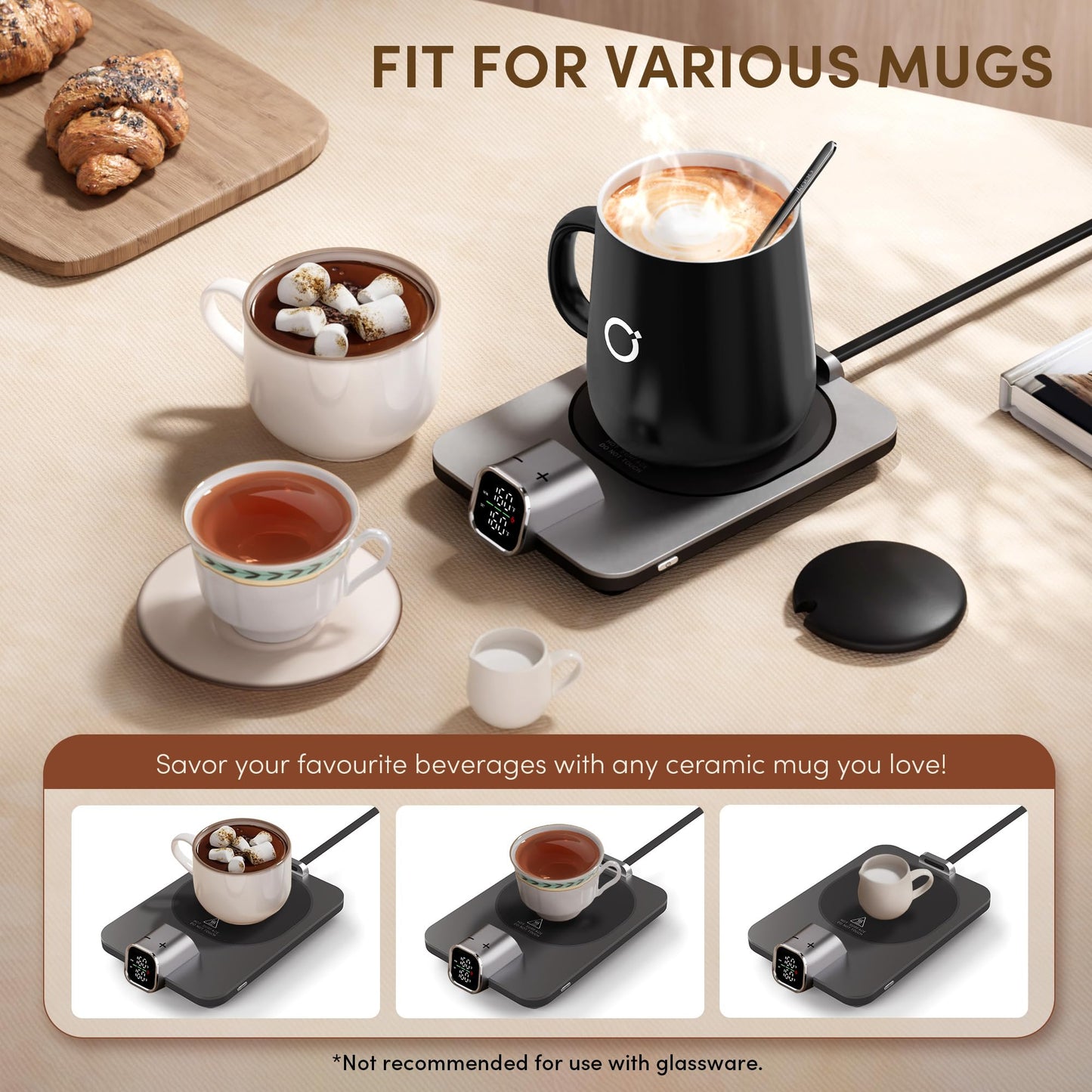 Coffee Mug Warmer & iKago Mug Set, Accurate Temperature Control Smart Heated Mug for Desk, Electric Coffee Warmer with Auto Shut Off & Real-Time Temp Display, Gifts for Men Women, 15oz Ceramic Mug