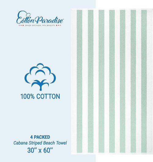 Cotton Paradise Cabana Stripe Beach Towels - Extra Large 30x60 Inches, Soft & Quick-Dry, Mint (4 Pack)