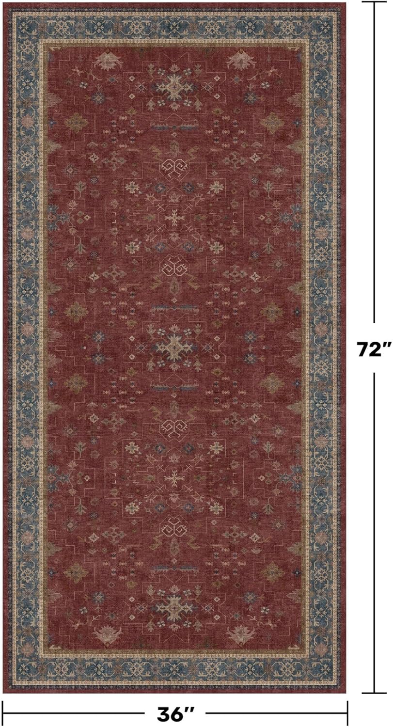 Washable Entry Way Rug - Burgundy 3x6 Non-Slip Bohemian Carpet for Kitchen, Bedroom & Foyer