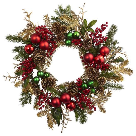Nearly Natural 24in. Ornament, Pine & Pinecone Wreath