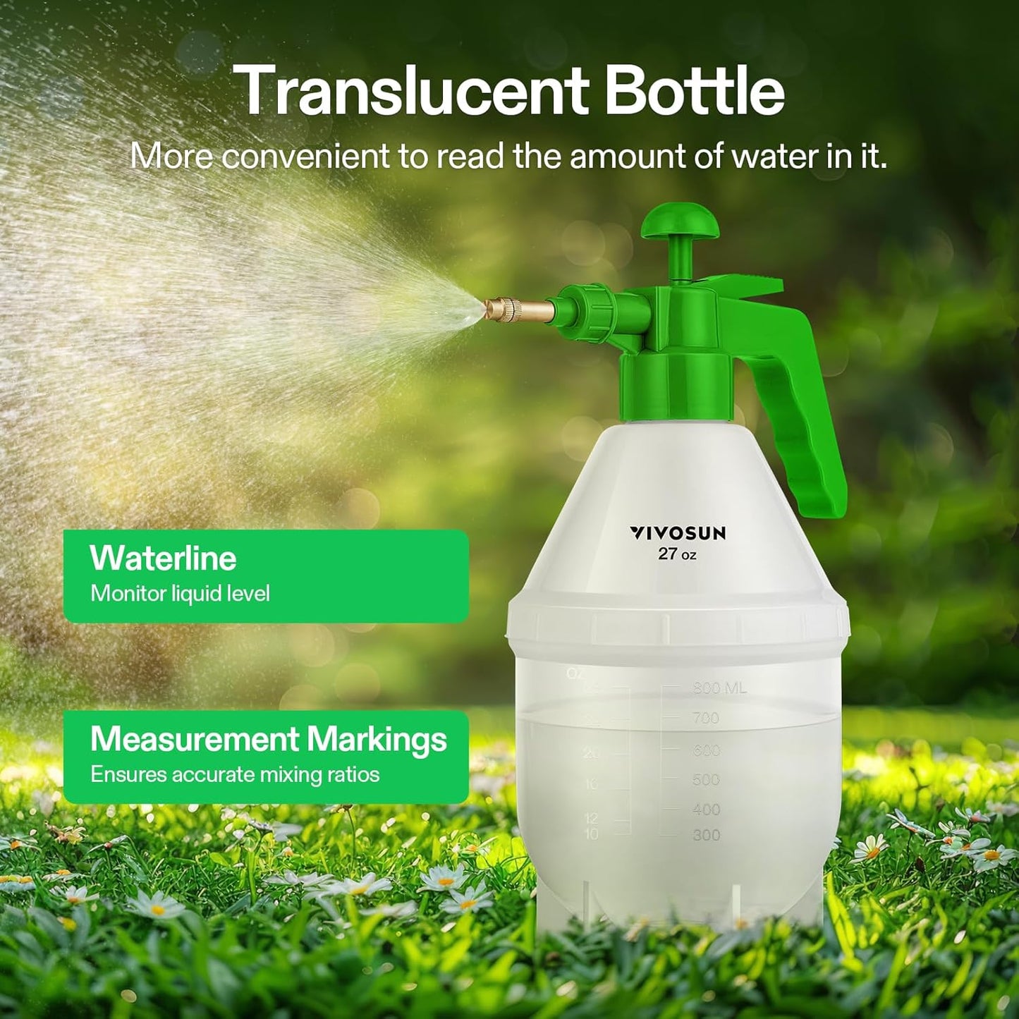 VIVOSUN 27oz Handheld Garden Pump Sprayer - Adjustable Brass Nozzle for Plants & Cleaning | Green