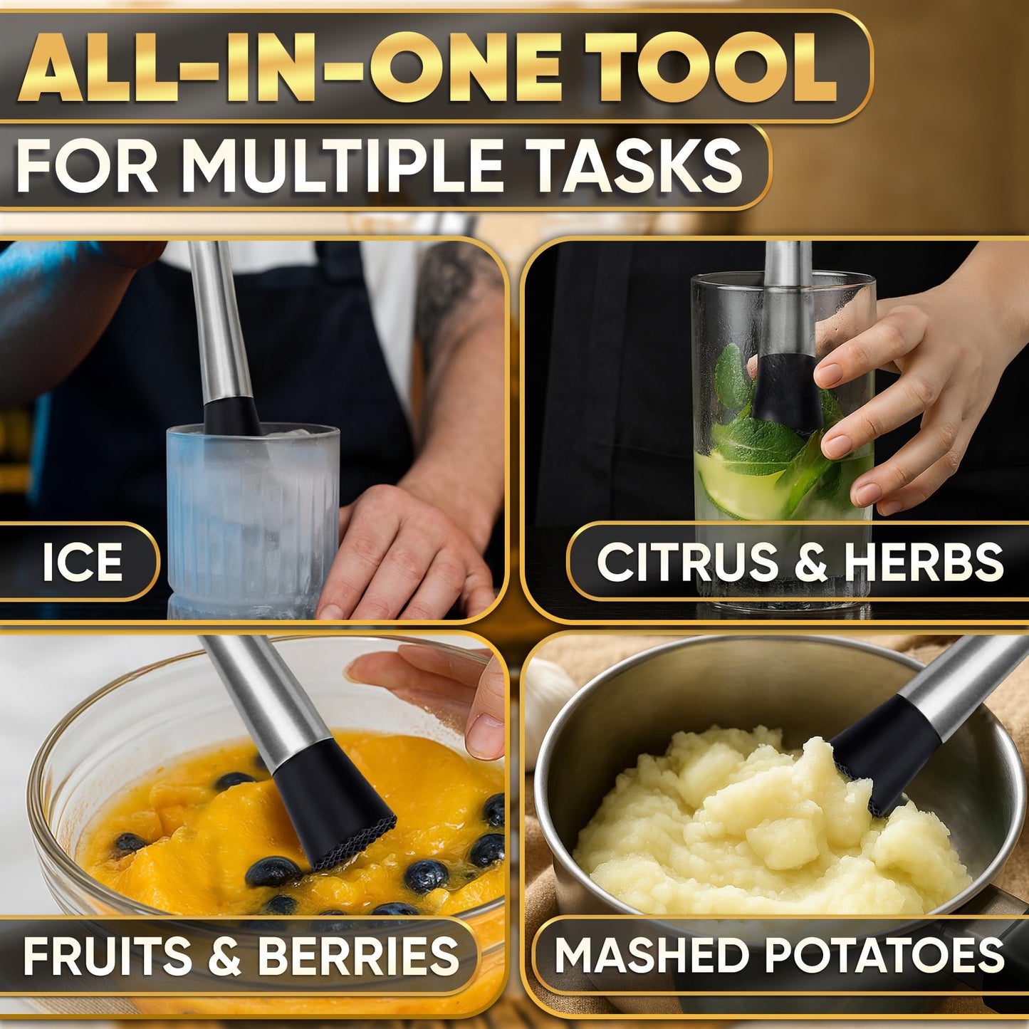 Muddler for Cocktails – 8 Inch Cocktail Muddler Tool with Stainless Steel Handle & Grooved Nylon Head – Fruit Smasher for Drinks, Mojitos, Mint, Lemons, Herbs, Berries – Home Bar & Bartender Essential