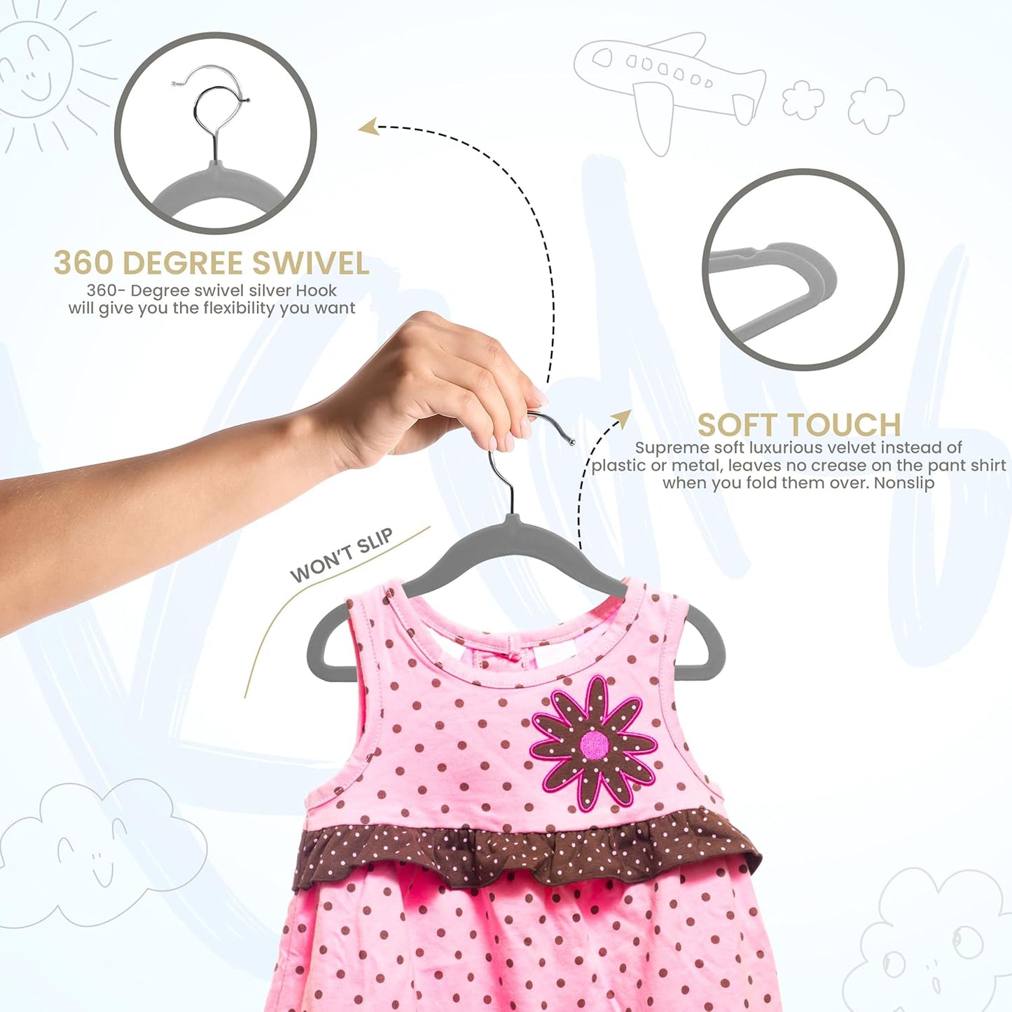 Utopia Home Velvet Hangers - 20 Pack Non-Slip 11 Inch Baby & Toddler Closet Organizers | Grey