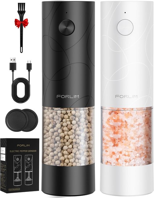 FORLIM Electric Salt and Pepper Grinder Set - USB Rechargeable, Automatic Mill with Adjustable Coarseness | 2-Pack in Black & White