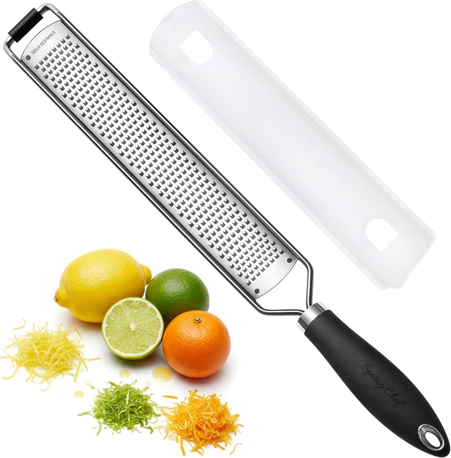 Spring Chef Stainless Steel Lemon Zester Grater - Heavy Duty Citrus Tool with Handle & Blade Cover - Black
