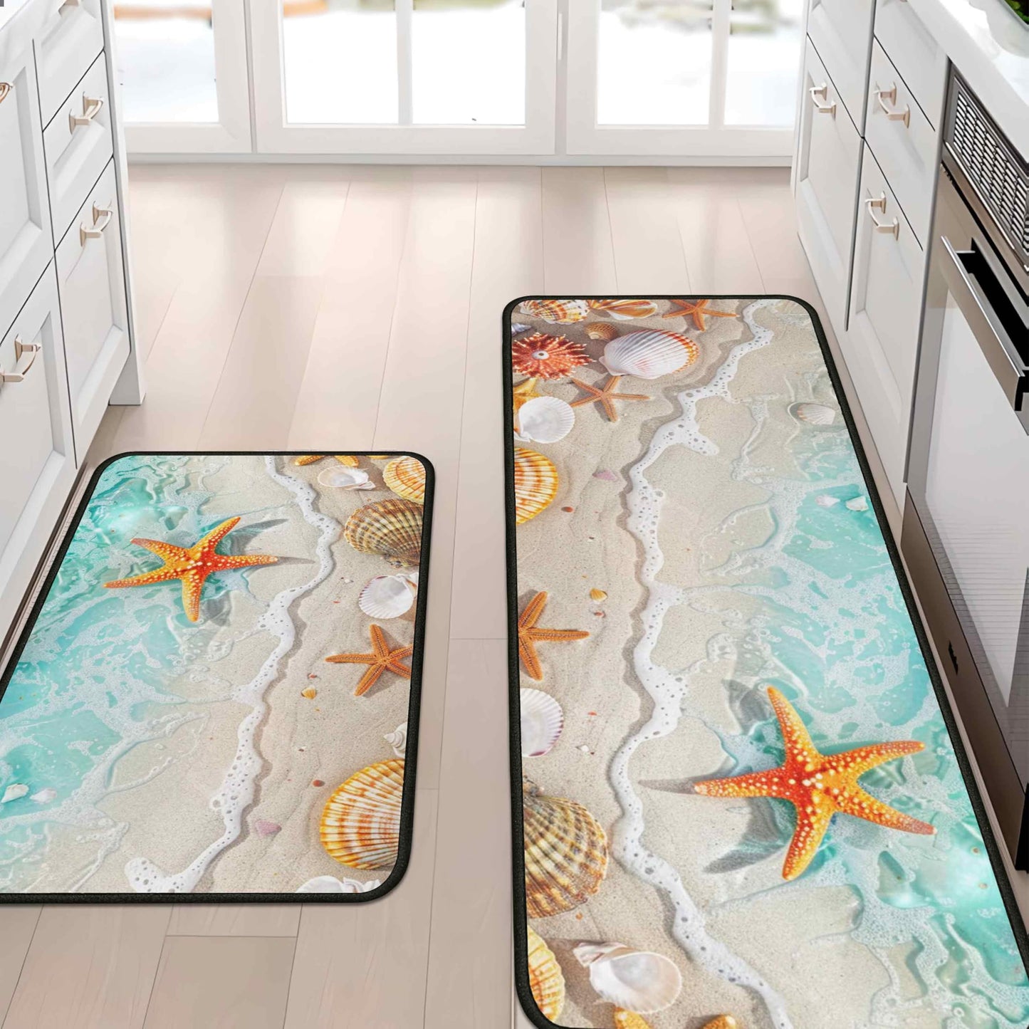 Lumiprinta Ocean Theme Tropical Beach Seashell Starfish Decorative Kitchen Rugs and Mats Set of 2, Low-Profile Floor Mats Decorations for Home Kitchen 17"x47"+17"x30"