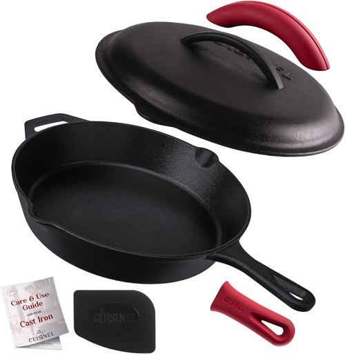 Cuisinel Cast Iron Skillet - 12-Inch Pre-Seasoned Frying Pan with Lid & Silicone Handle | Versatile Indoor/Outdoor Cookware