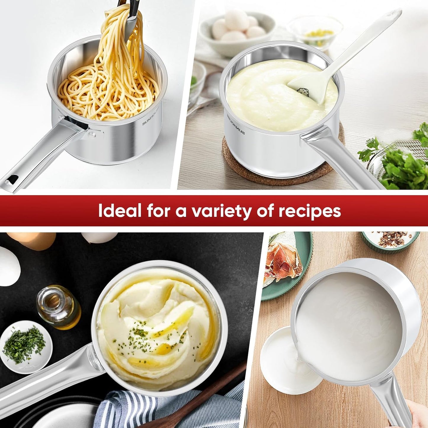 SUNHOUSE - 2-Quart Stainless Steel Sauce Pan with Lid | PFOA-Free, Induction Base, Stay-Cool Handle