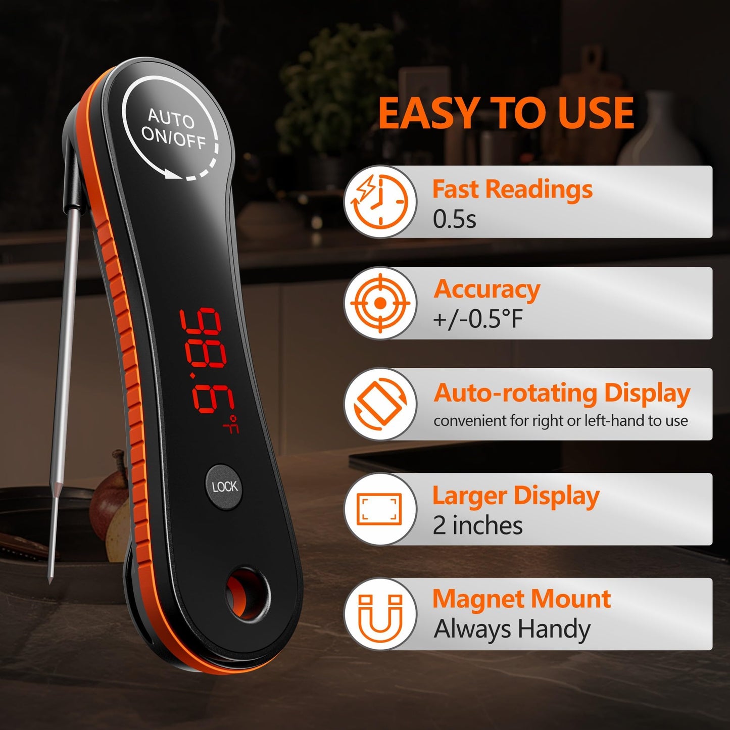 0.5s Instant Read Digital Meat Thermometer, Paysean ±0.5℉ with Auto-Rotating Backlit Display, IP67 Waterproof and Calibration for Cooking, Candy, Grilling, BBQ, Liquid, Smoker, Beef