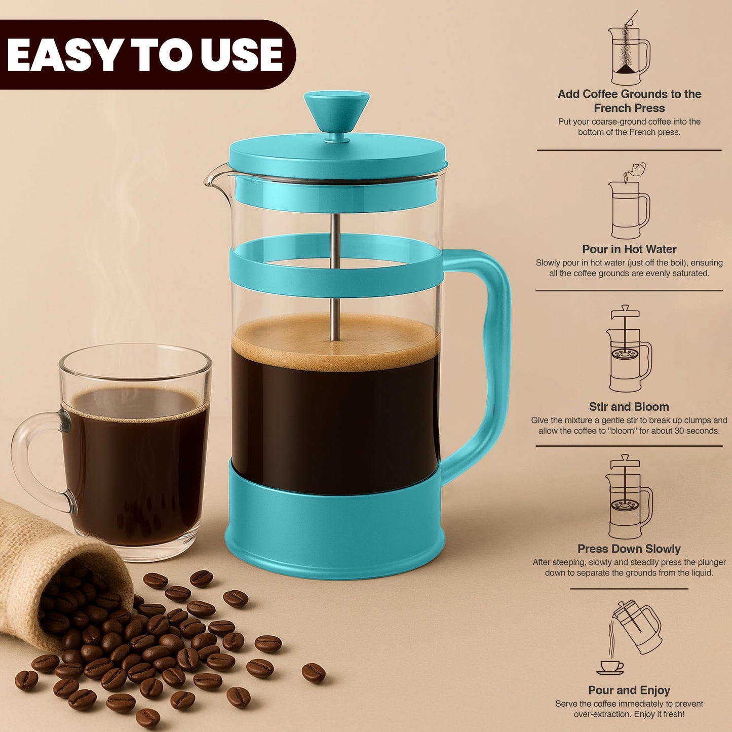 Utopia Kitchen 12 Ounce 0.35 Liter French Press Coffee Maker, Tea Maker, Travel Coffee Presses, Heat Resistant Thickened Borosilicate Coffee Pot for Camping Travel Gifts, Gold Pack of 1