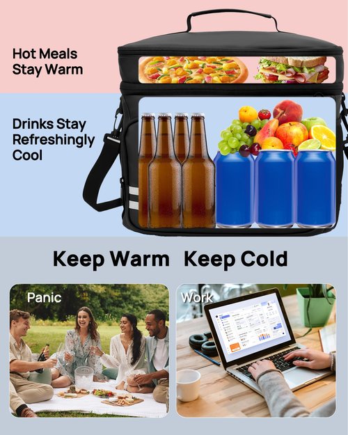 Carttiya Insulated Lunch Box for Men & Women - 26L X Large Lunch Bag, Leak-Proof Cooler Lunch Bag, Adjustable Strap, Ideal for Work, Picnic, Travel 14.6"×11.5"×9.5" (Black)