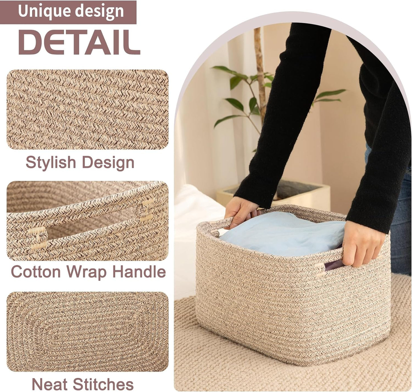 OIAHOMY Storage Baskets - 4 Pack Woven Cube Organizing Bins with Handles | 16''L x 12''W x 8''H, Brown