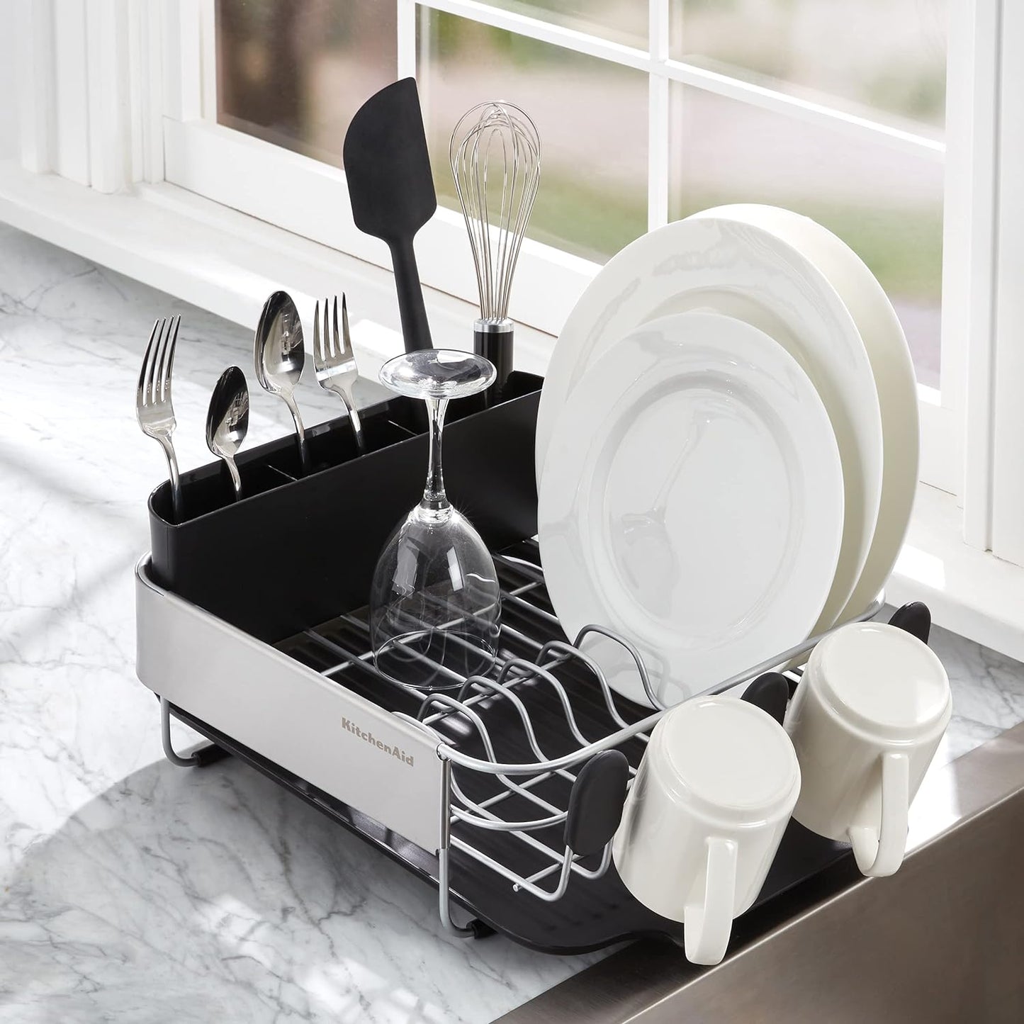 KitchenAid Dish Rack - Compact & Space-Saving Design with Removable Flatware Caddy | 16.06-Inch, Black