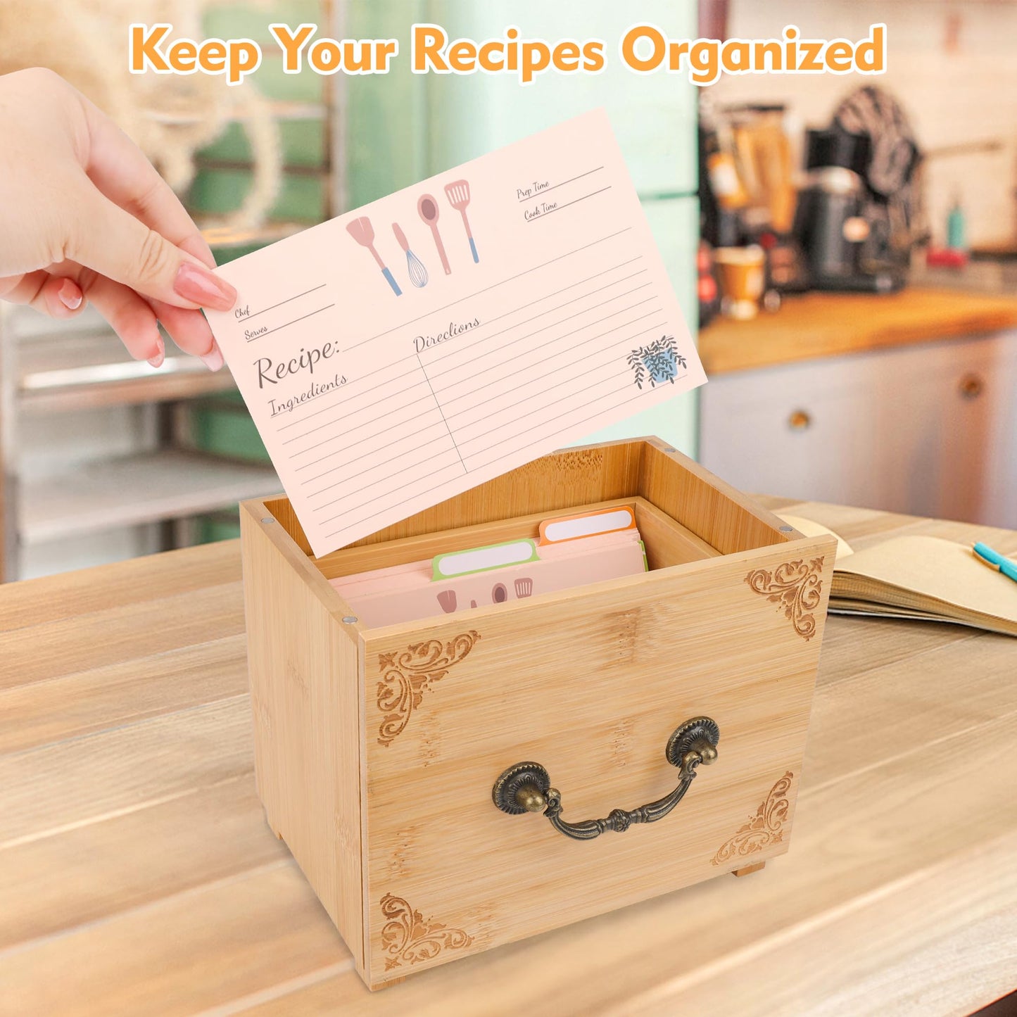 Coitak Wooden Recipe Box With 50 Double Sided 4x6 Recipe Cards, 6 Dividers, 1 Roll Stickers, 1 Pen Removable Recipe Card Holder Organizer