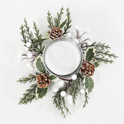 Christmas Greenery Candle Rings by [Brand Name] - 12 Pack with White Berries & Pine Cones | Festive Table Decor