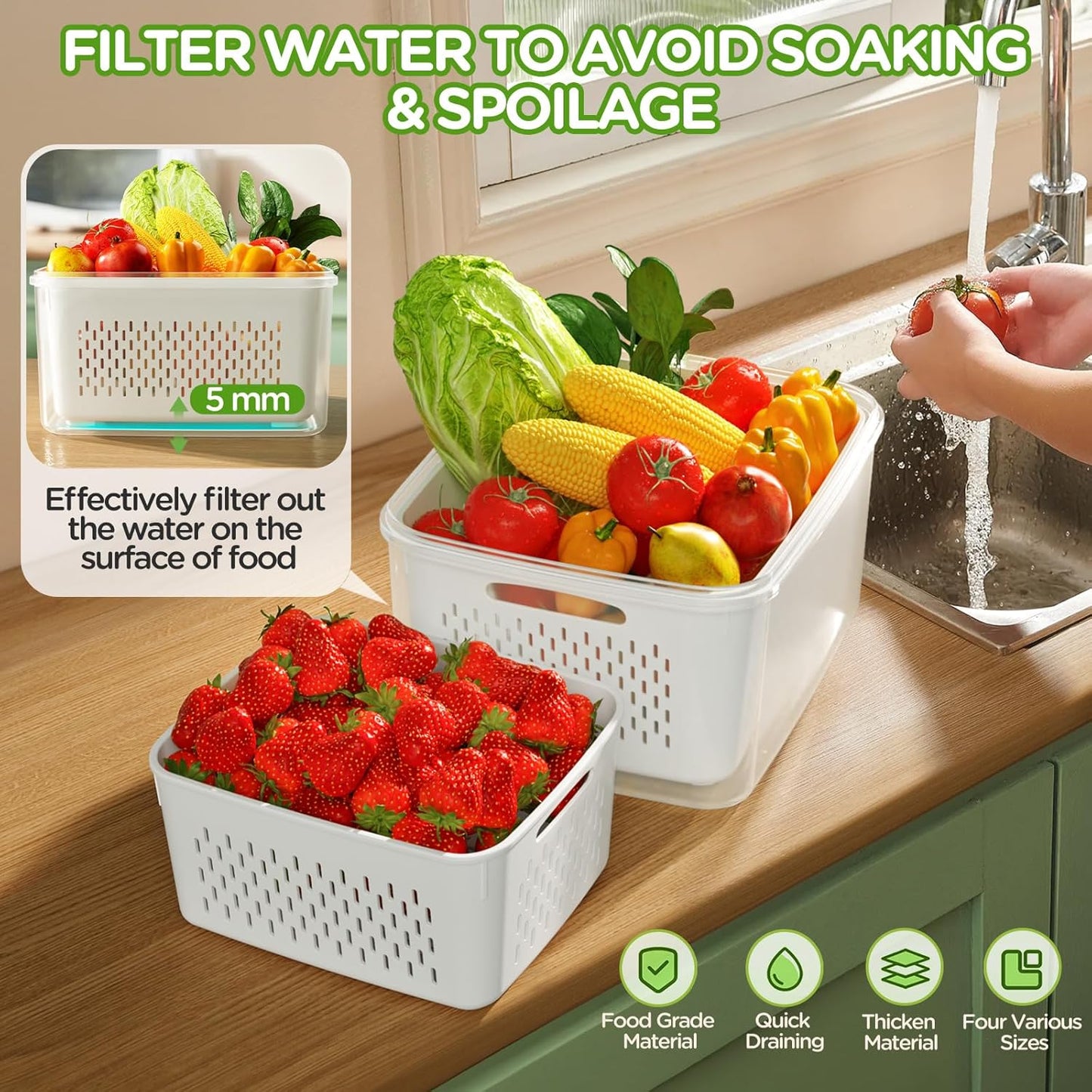 Skiennix 4 PCS Fruit Storage Containers - All-In-One Produce Wash Bowl with Strainer | Microwave & Dishwasher Safe