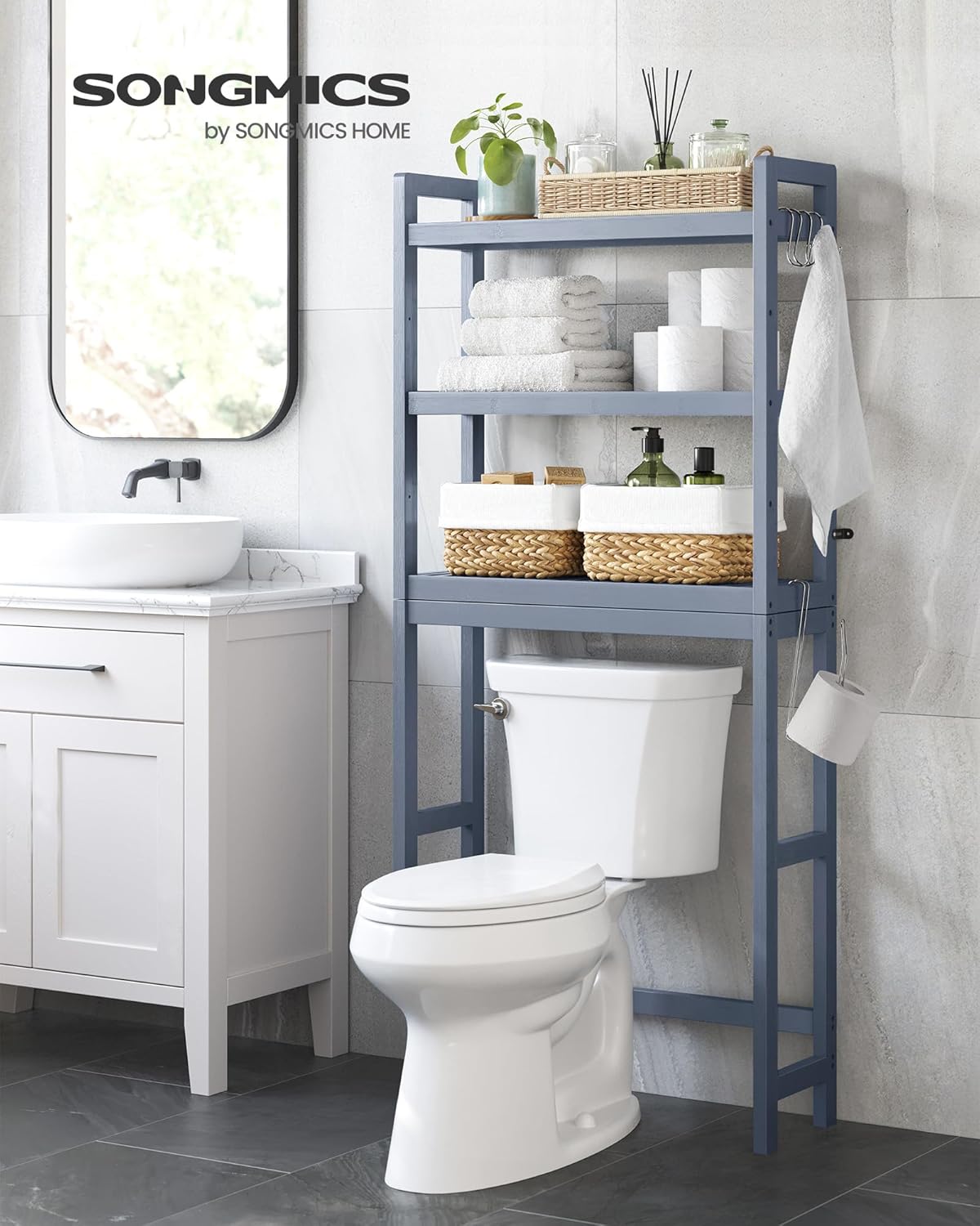 SONGMICS Over The Toilet Storage - 3-Tier Bathroom Organizer with Adjustable Shelf | Space-Saving Gray, 10.2 x 24.8 x 66.9 Inches
