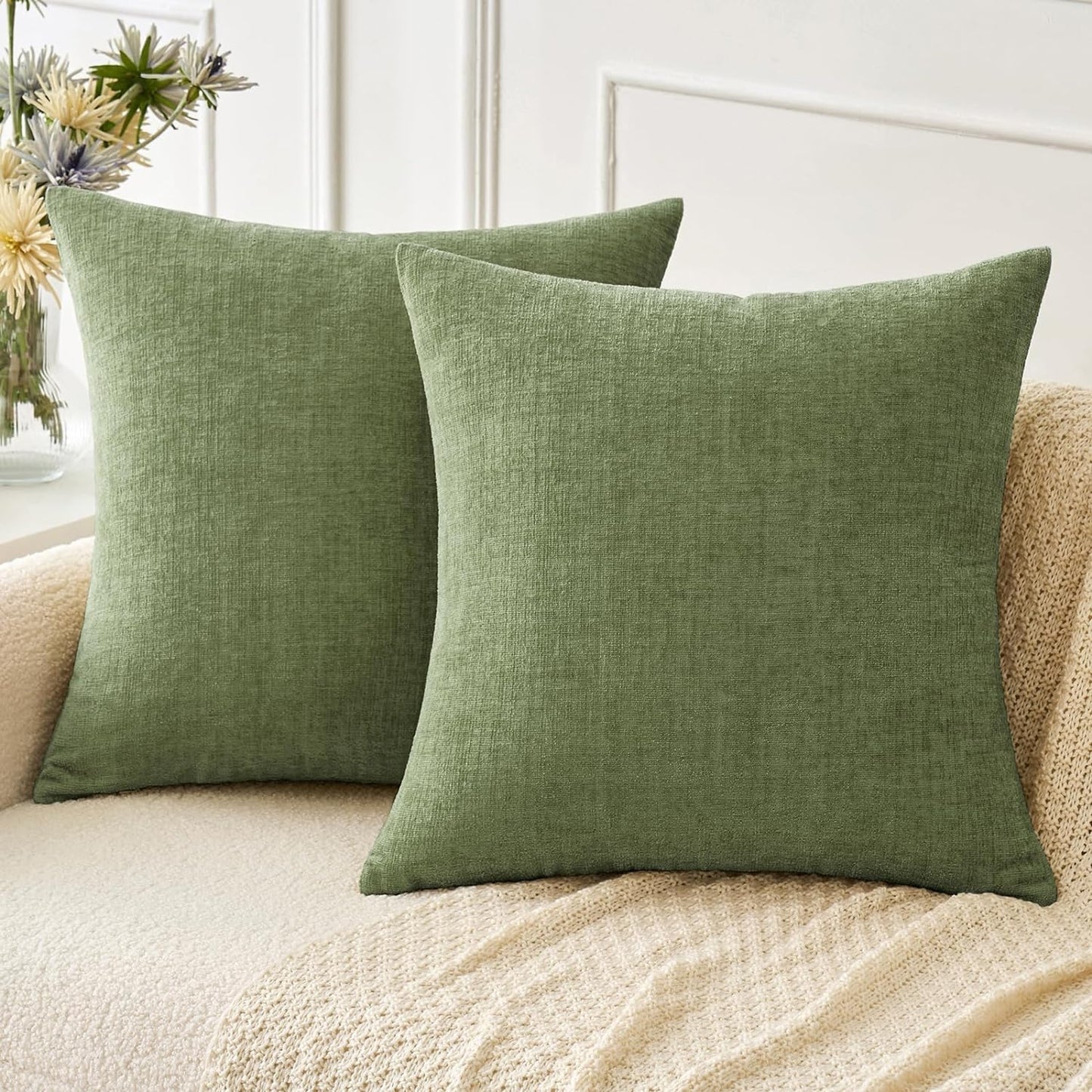 MIULEE Couch Throw Pillow Covers - Soft Sage Green Chenille | Pack of 2, 18x18 Inch for Living Room