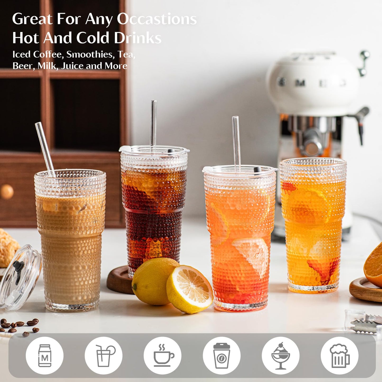INSETLAN 20oz Hobnail Glass Cups with Lids and Glass Straws – 4 Pieces, Thick-Walled Glass Tumblers for Iced Coffee, Smoothies, Milk, Water, Juice, and More – Elegant and Durable Drinking Glasses