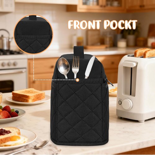 CROTIRAD Slim Toaster Dust Cover - Quilted Black with Pockets & Elastic Band for Bella 2-Slice Toaster