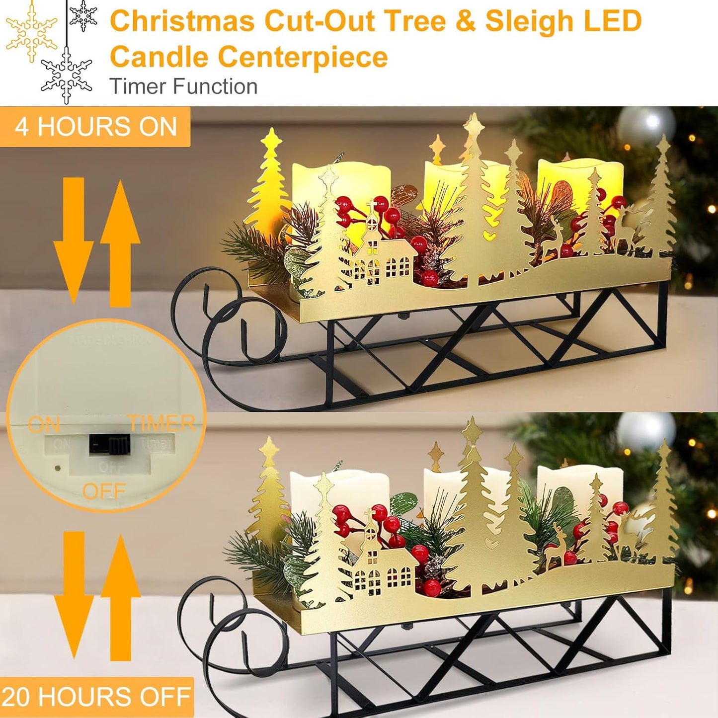 Skiennix Christmas Sleigh Table Centerpiece - Gold Cut-Out Tree LED Candle Holder with Timer for Holiday Decor