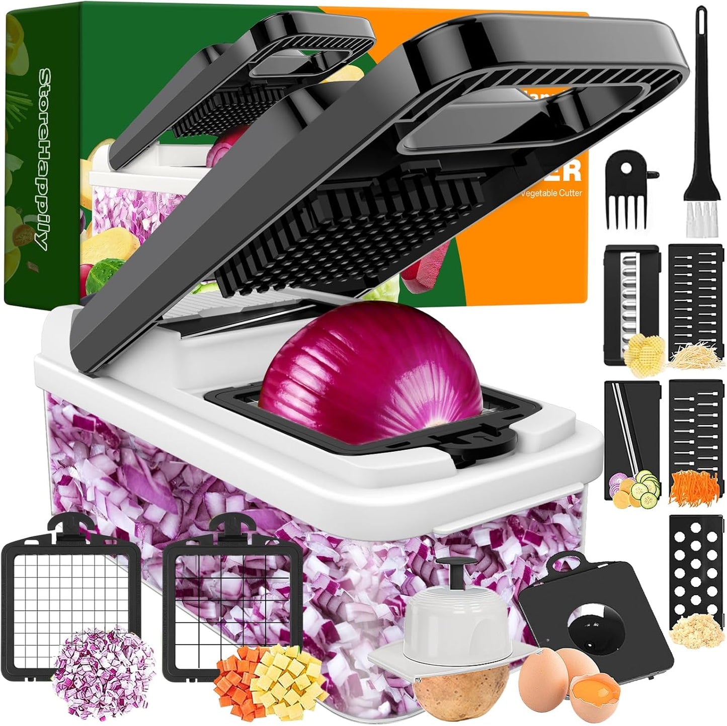 StoreHappily 12-in-1 Vegetable Chopper - 7 Blades, Multifunctional Kitchen Gadget with Container & Lid (Black/White)