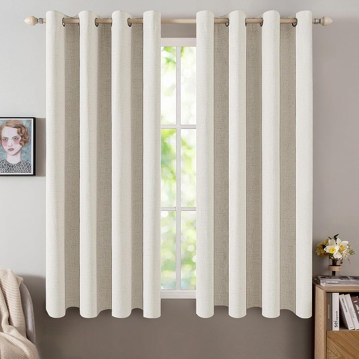 MIULEE Linen Curtains - 100% Blackout Thermal Insulated Drapes | Beige, 52x54 Inch (2 Panels)