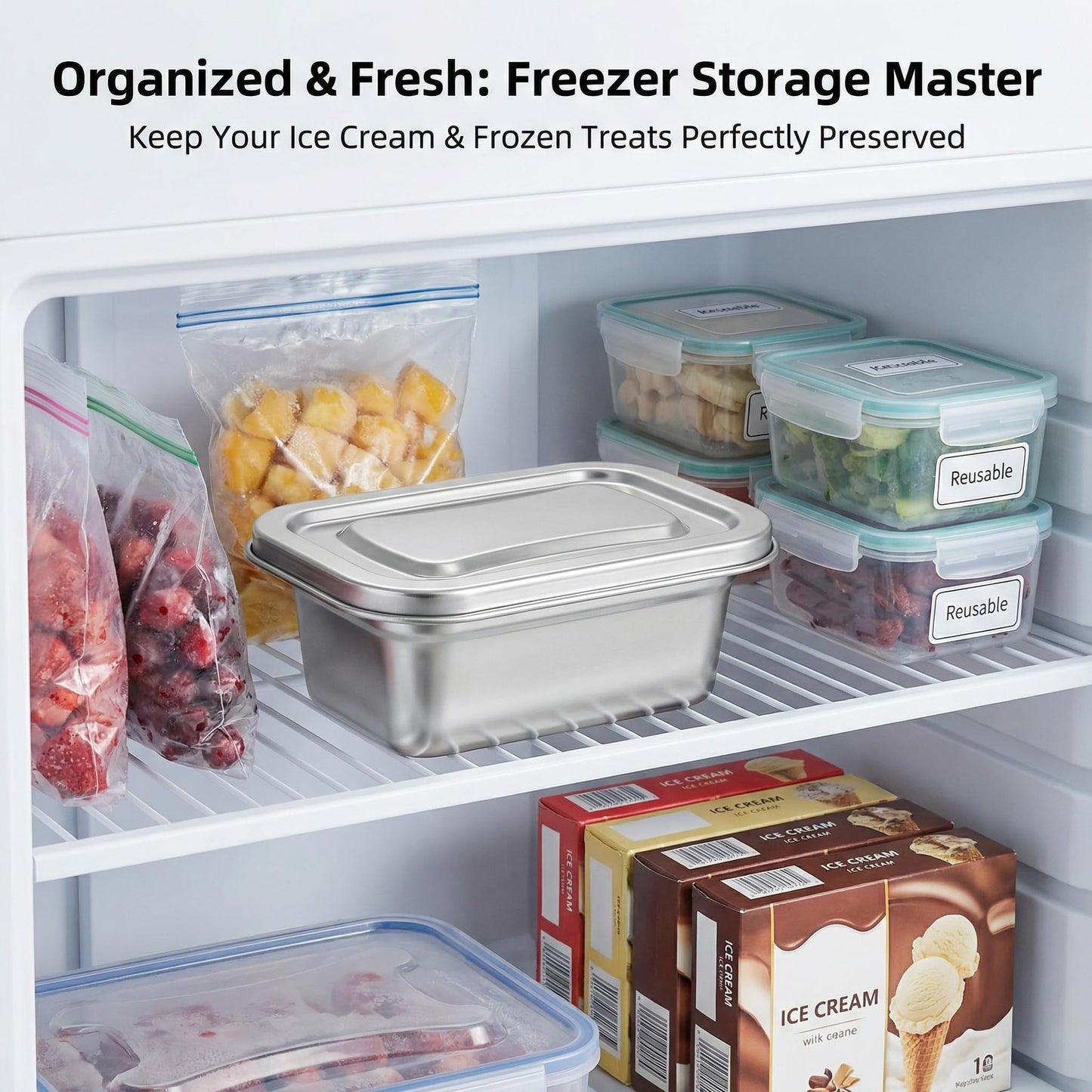 Hemoton Reusable Ice Cream Storage Containers with Lids Stainless Steel Food Keeper Freezer Box Insulated Ice Cream Tub for Refrigerator Home Made Ice Cream, 0.76 Quart Airtight Box for Frozen Yogurt