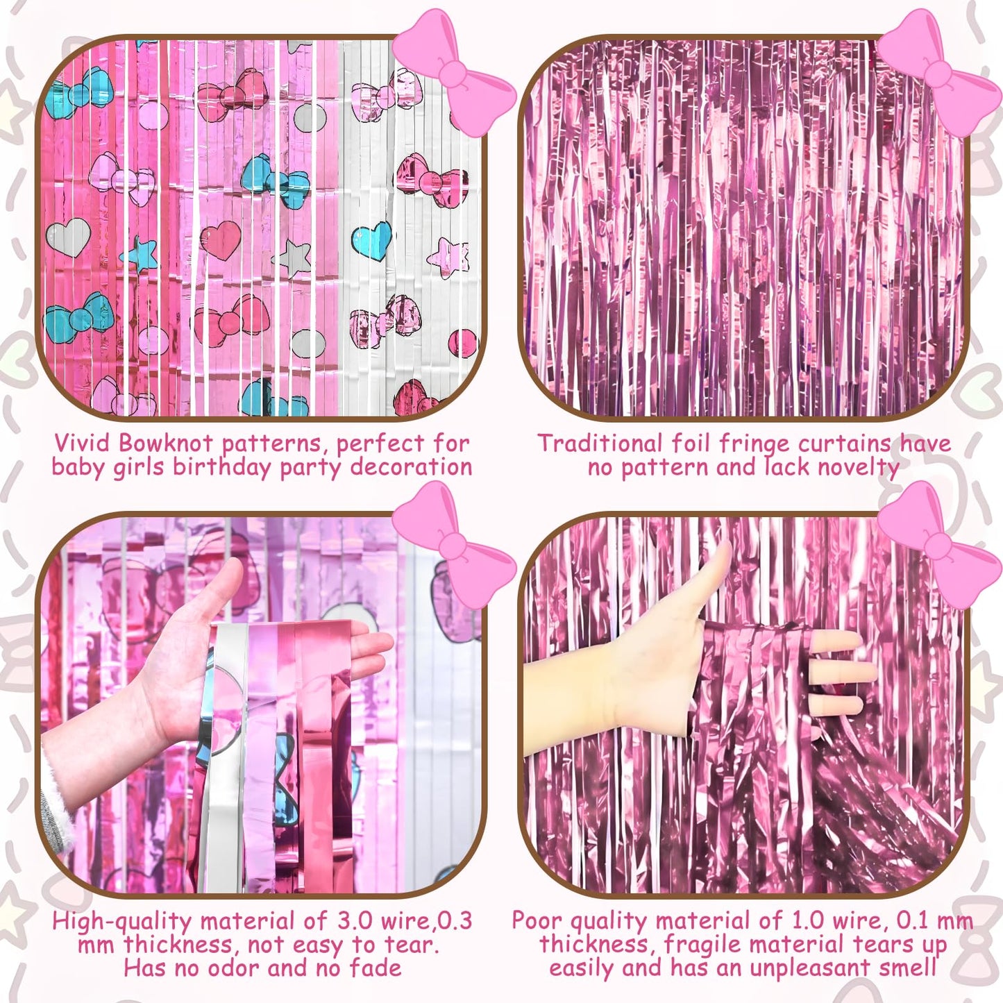 Bupelo Kawaii Birthday Decorations, 2 Pack Cartoon Cat Theme Party Supplies, 3.3 x 6.6ft Tinsel Foil Fringe Curtains, Bow Photo Booth Props, Backdrop Streamers, Perfect Room & Doorway Decor for Girls