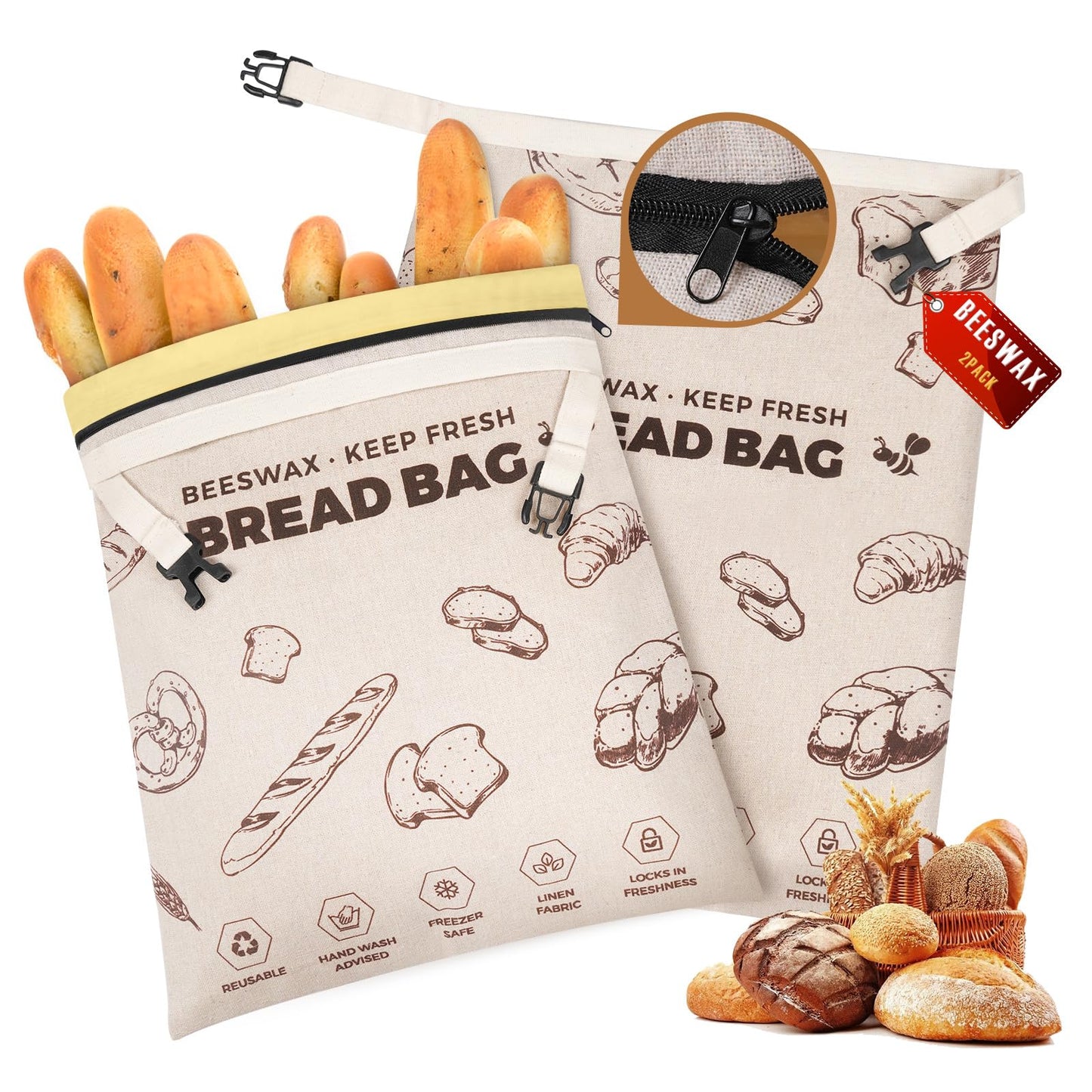 YARRAMATE Beeswax Bread Bags for Homemade Sourdough, Zipper Reusable Linen Food Storage Bags to Keep Loaf Fresh, Large Freezer Safe and Eco Friendly Bread Containers (Brown, 17x13", 2 Pack)